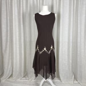 SL Fashions Dress Womens 16 Brown Embroidered Chiffon Asymmetrical Midi Hem